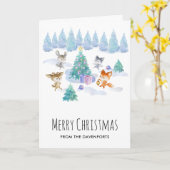 森林動物踊りのまわりにクリスマスツリー カード (黄色い花)