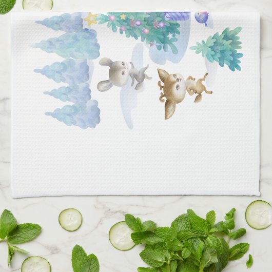 森林動物踊りのまわりにクリスマスツリー キッチンタオル (折り畳み)