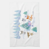 森林動物踊りのまわりにクリスマスツリー キッチンタオル (縦)