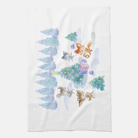 森林動物踊りのまわりにクリスマスツリー キッチンタオル (縦)