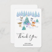 森林動物踊りのまわりにクリスマスツリー サンキューカード (正面/裏面)