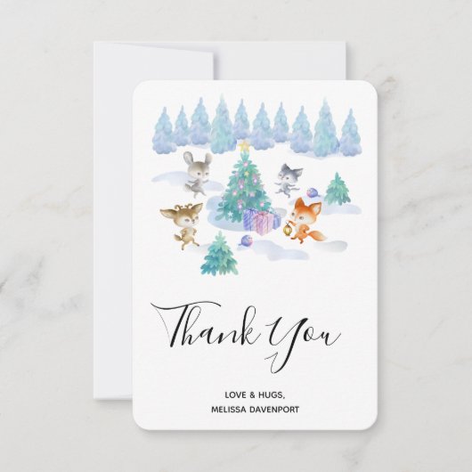 森林動物踊りのまわりにクリスマスツリー サンキューカード (正面)