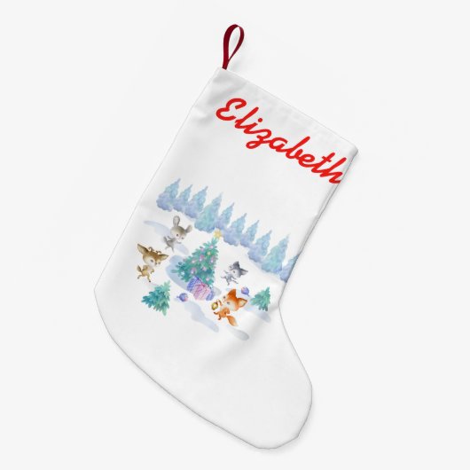 森林動物踊りのまわりにクリスマスツリー スモールクリスマスストッキング (正面 (吊り時))