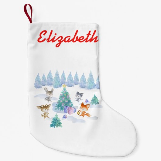 森林動物踊りのまわりにクリスマスツリー スモールクリスマスストッキング (正面)