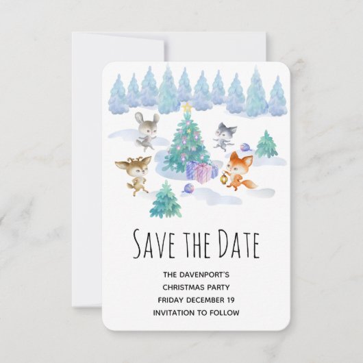 森林動物踊りのまわりにクリスマスツリー セーブザデート (正面)