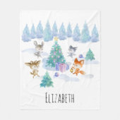 森林動物踊りのまわりにクリスマスツリー フリースブランケット (正面)