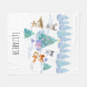 森林動物踊りのまわりにクリスマスツリー フリースブランケット (正面(横))