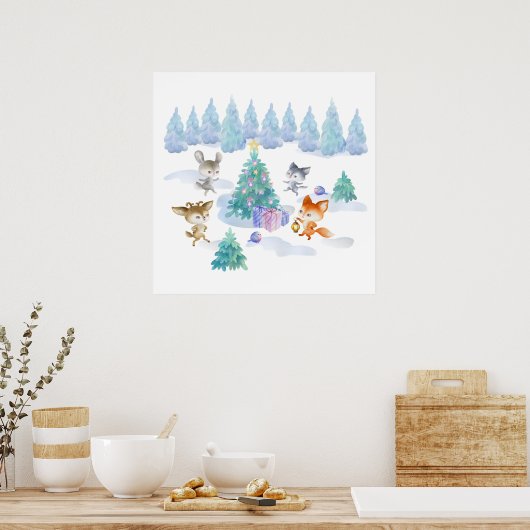 森林動物踊りのまわりにクリスマスツリー ポスター (キッチン)