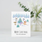 森林動物踊りのまわりにクリスマスツリー ポストカード (スタンド正面)