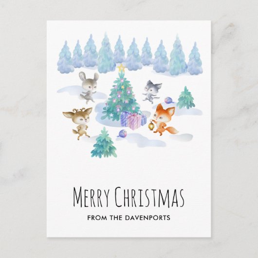 森林動物踊りのまわりにクリスマスツリー ポストカード (正面)