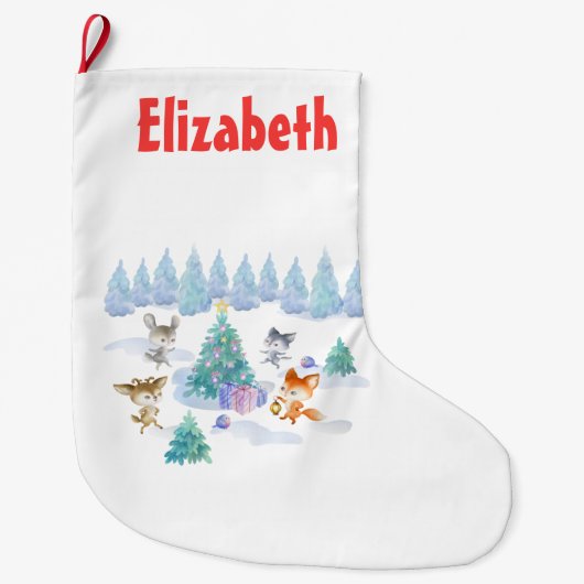 森林動物踊りのまわりにクリスマスツリー ラージクリスマスストッキング (正面)