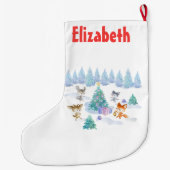 森林動物踊りのまわりにクリスマスツリー ラージクリスマスストッキング (裏面)