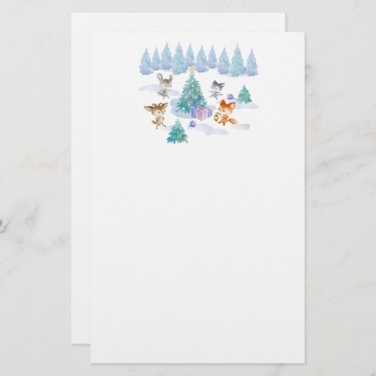森林動物踊りのまわりにクリスマスツリー 便箋 (正面/裏面)