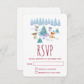 森林動物踊りのまわりにクリスマスツリー 出欠カード (正面/裏面)