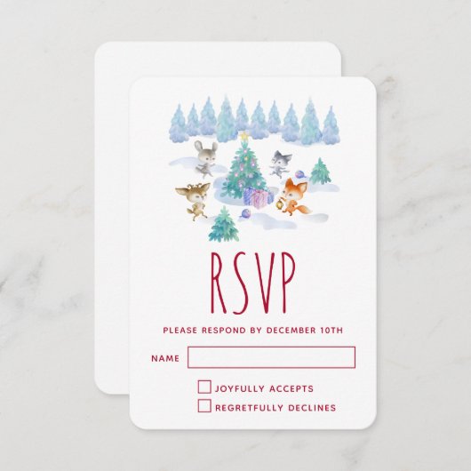 森林動物踊りのまわりにクリスマスツリー 出欠カード (正面/裏面)