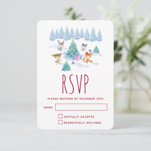 森林動物踊りのまわりにクリスマスツリー 出欠カード (スタンド正面)