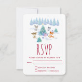 森林動物踊りのまわりにクリスマスツリー 出欠カード (正面)