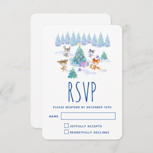 森林動物踊りのまわりにクリスマスツリー 出欠カード (正面/裏面)