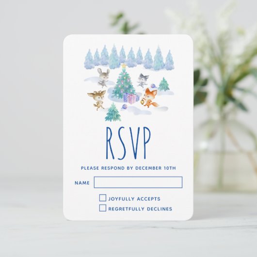 森林動物踊りのまわりにクリスマスツリー 出欠カード (スタンド正面)