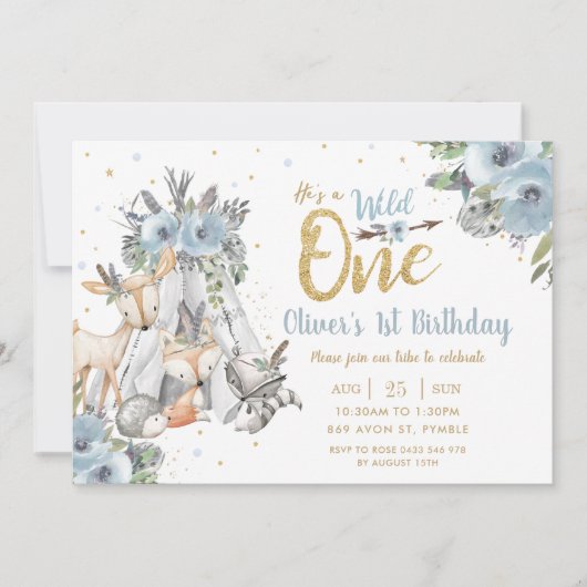 森林動物部族の青い野生動物1歳の誕生日 招待状 (正面)