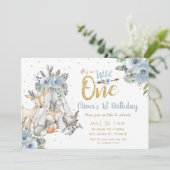 森林動物部族の青い野生動物1歳の誕生日 招待状 (スタンド正面)