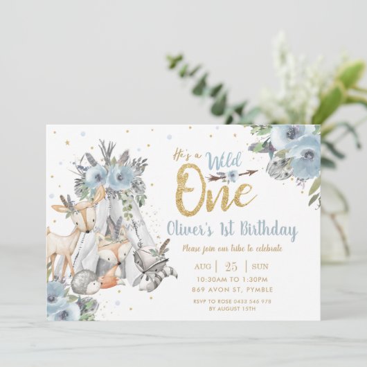 森林動物部族の青い野生動物1歳の誕生日 招待状 (スタンド正面)