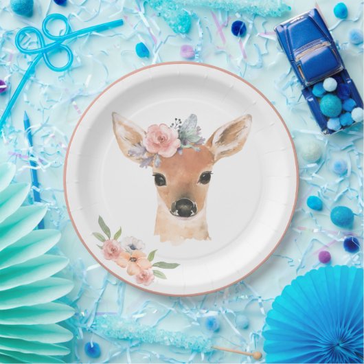森林動物鹿水彩フローラ ペーパープレート (パーティー)