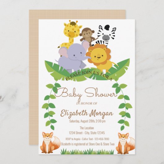 森林動物、ウッドランドベビーシャワー 招待状 (正面/裏面)
