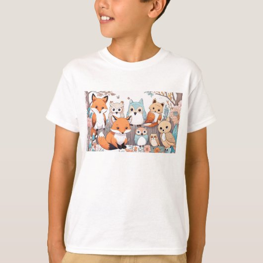 森林動物 – キツネとフクロウ Tシャツ (正面)