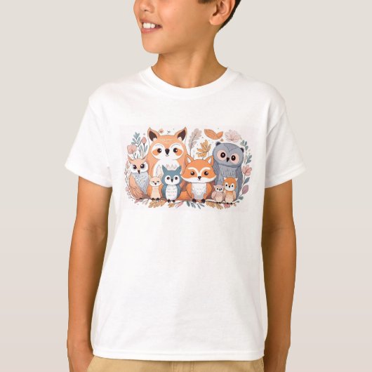 森林動物 – キツネとフクロウ Tシャツ (正面)