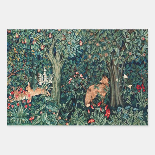 森林動物，キツネとヘアーズレッドグリーンフローラ ラッピングペーパーシート (正面3)