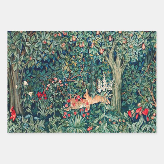 森林動物，キツネとヘアーズレッドグリーンフローラ ラッピングペーパーシート (正面2)