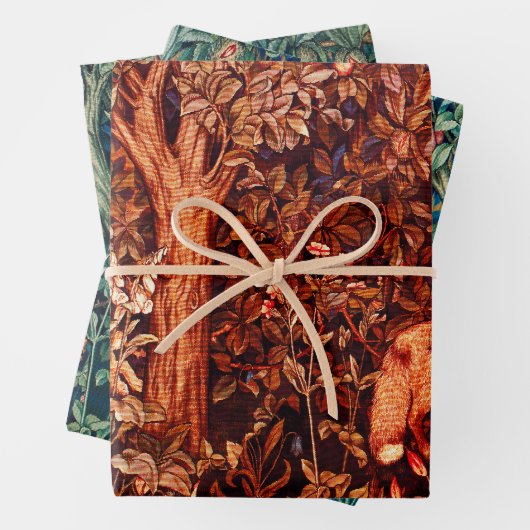 森林動物，キツネとヘアーズレッドグリーンフローラ ラッピングペーパーシート (インサイチュ)