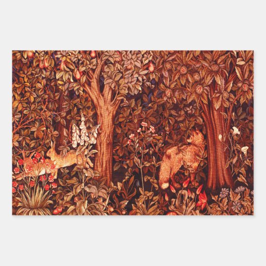 森林動物，キツネとヘアーズレッドグリーンフローラ ラッピングペーパーシート (正面)