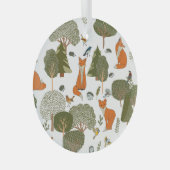 森林動物：キツネ、鳥柄 ガラスオーナメント (正面右)