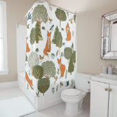 森林動物：キツネ、鳥柄 シャワーカーテン (インサイチュ)