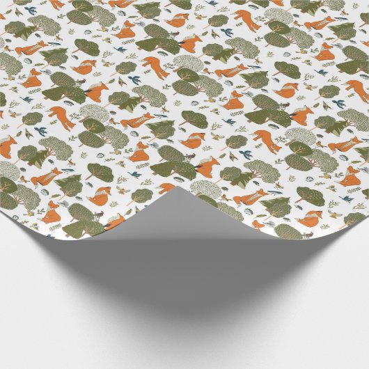 森林動物:キツネ、鳥柄 ラッピングペーパー (角)
