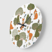 森林動物：キツネ、鳥柄 ラージ壁時計 (傾斜)