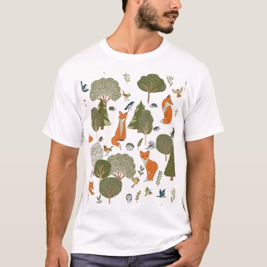 森林動物:キツネ、鳥柄 Tシャツ (正面)