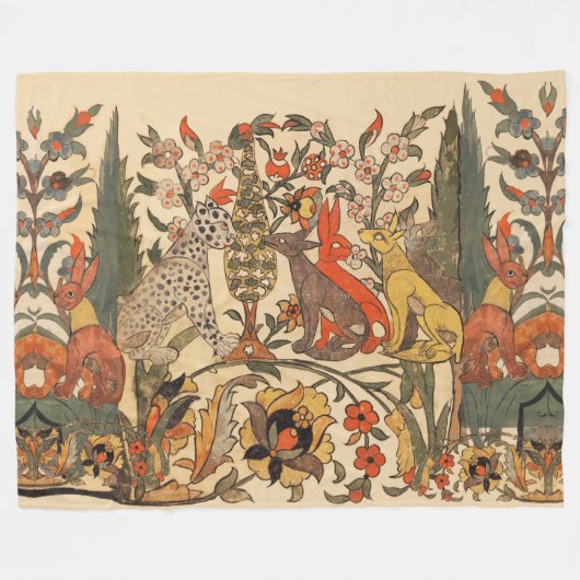 森林動物，ヒョウ，ジャッカル，ウサギ，花 フリースブランケット (正面(横))