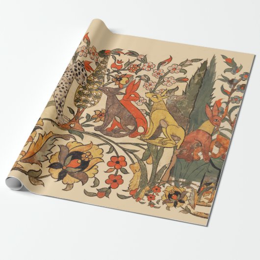 森林動物，ヒョウ，ジャッカル，ウサギ，花 ラッピングペーパー (アンロールド)