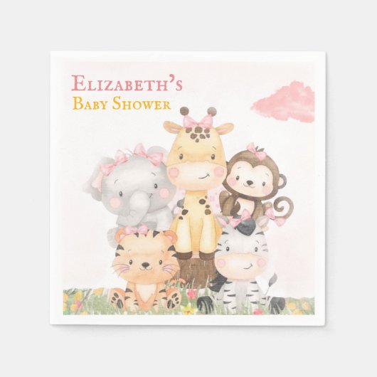 森林動物 |ピンクの絵を描女の子の赤ちゃんシャワー スタンダードカクテルナプキン (正面)