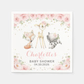 森林動物，ピンクの花，赤ちゃんシャワー スタンダードカクテルナプキン (正面)