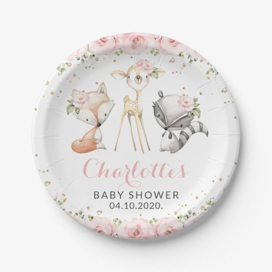 森林動物，ピンクの花，赤ちゃんシャワー ペーパープレート (正面)