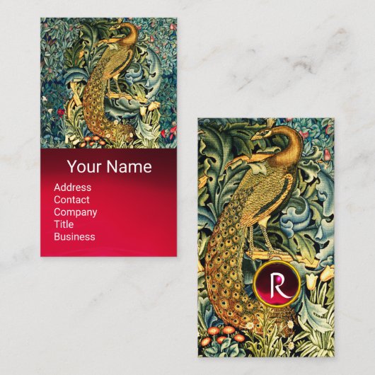 森林動物，ピーコック緑の花の花モノグラムで 名刺 (正面/裏面)