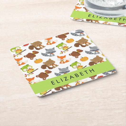 森林動物,森林動物,あなたの名前 スクエアペーパーコースター (アングル)