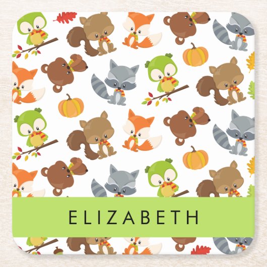 森林動物,森林動物,あなたの名前 スクエアペーパーコースター (正面)