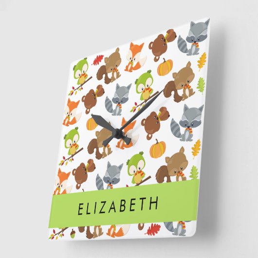 森林動物,森林動物,あなたの名前 スクエア壁時計 (傾斜)