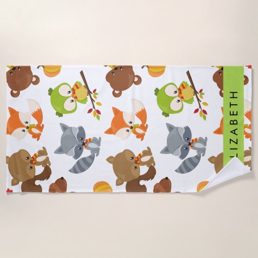 森林動物，森林動物，あなたの名前 ビーチタオル (正面)