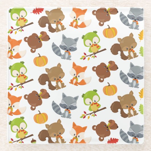 森林動物，森林動物，秋動物 ガラスコースター (正面)